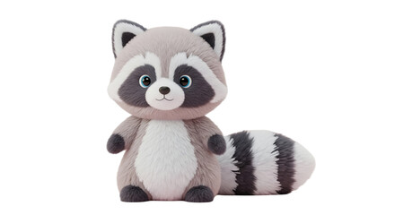 Fototapeta premium Cute plush raccoon toy with striped tail, isolated on transparent background