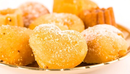 Close-up of a variety of sweet pastries, dusted with powdered sugar, displayed on a gold-rimmed plate.