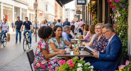 People sitting at outdoor cafe tables, enjoying drinks and conversation.