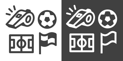 Set of icons football field, ball and whistle with flag. Attribute of football match, Soccer or championship. Symbol of sport, goal or game. Raster icons. © Checha