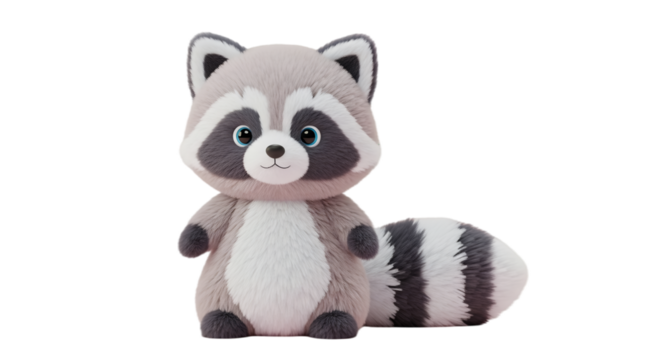 Cute plush raccoon toy with striped tail, isolated on transparent background