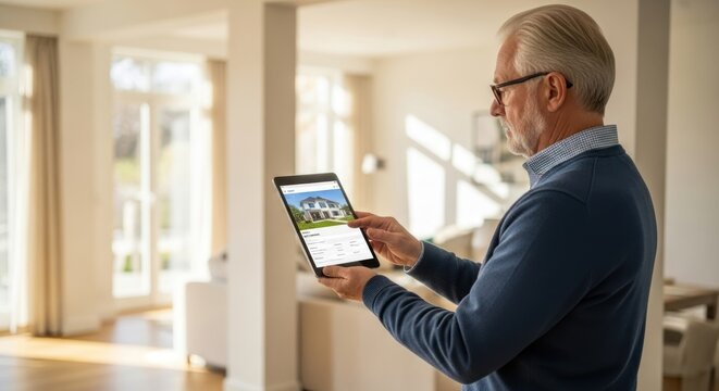 A man in a blue sweater holding a tablet with a house on the screen in a spacious living room.