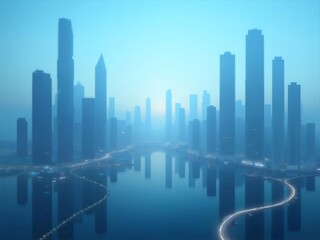 Obraz premium Blue Hour Cityscape with Tall Buildings Reflecting in Still Water