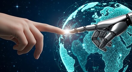 Human hand and robotic arm touching with glowing connection over globe