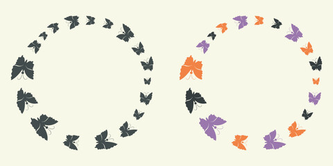 Butterfly circle frame set, hand drawn icon, black colour, Halloween color palette, flat design. kid cartoon style, vector illustration for web card, poster, white background