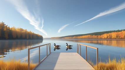 Fototapeta premium A serene autumnal scene with geese on a wooden dock by a lake, surrounded by golden reeds.