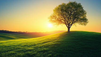 Fototapeta premium A solitary green tree stands on a rolling lush hill, bathed in the intense golden light of a brilliant sunset.