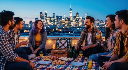 A group of friends enjoying a rooftop picnic with a city skyline in the background.