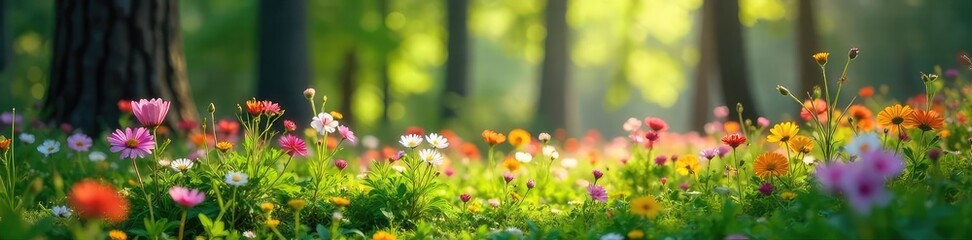 Obraz premium Sun-Dappled Wildflowers Carpet a Tranquil Forest Floor Vibrant Blooms and Lush Green Foliage in a Scene of Untamed Natural Beauty