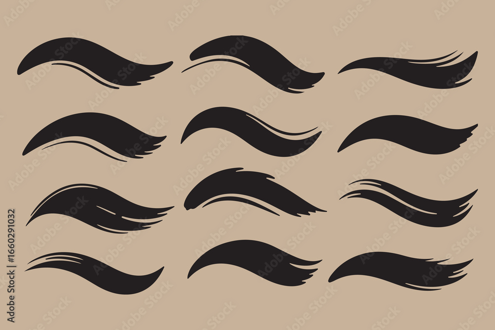 Poster set of twelve black abstract brush stroke elements on a beige background