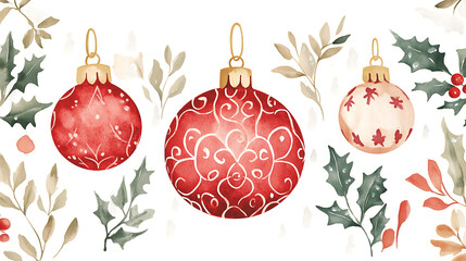 Bright watercolor clip art with Christmas decorations. Elegant red glass balls with traditional lace patterns, holly leaves with dew drops, gilded accents, velvet ribbons.