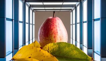 A vibrant pear rests amongst autumn leaves, positioned within a modern architectural framework of dark metal and glass.