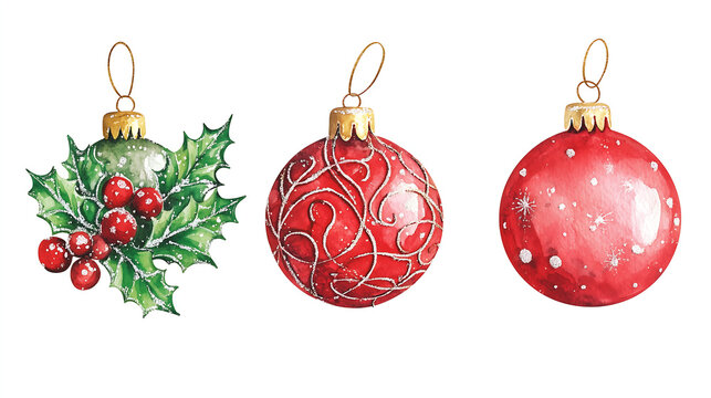 Bright watercolor clip art with Christmas decorations. Elegant red glass balls with traditional lace patterns, holly leaves with dew drops, gilded accents, velvet ribbons.