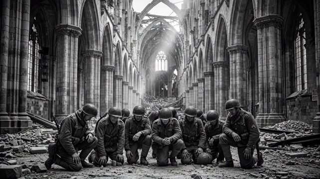 WWII Soldiers Praying in Ruins - A group of World War II soldiers kneel in prayer amidst the rubble of a destroyed cathedral.