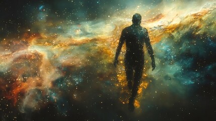 Obraz premium 宇宙空間に浮かぶ人影と星雲の輝き 幻想的な光景のデジタルアート