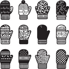 Knit Mittens black Line Editable Icons set