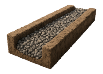 Gravel-filled trenches for a French drain system redirecting water from a house foundation.