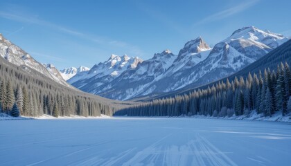 Under a clear winter sky, a frozen lake is encircled by snow-capped pine trees and mountain peaks.