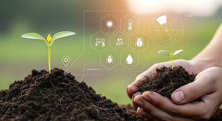 person holding soil with a small plant and icons related to ecology and biology