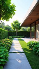 Stunning modern landscape design featuring clean lines, geometric shapes, and lush greenery Perfect for architectural visualization and design inspiration , sustainable design, grass
