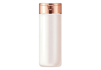 White cosmetic skincare bottle with rose gold cap isolated on transparent background