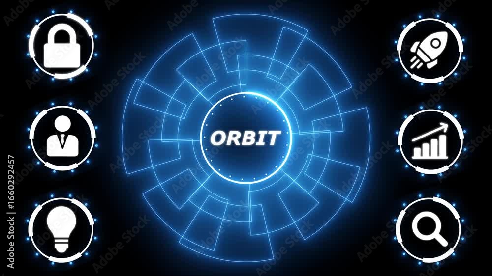 Aufkleber futuristic orbit interface with business icons security growth idea search rocket user lock digital 