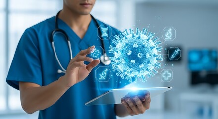 Doctor in blue scrubs with stethoscope interacting with digital virus graphic on tablet