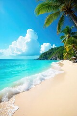 Fototapeta premium Idyllic Beach Scene Turquoise Waves Gently Lap the Shore Under a Sunny Sky