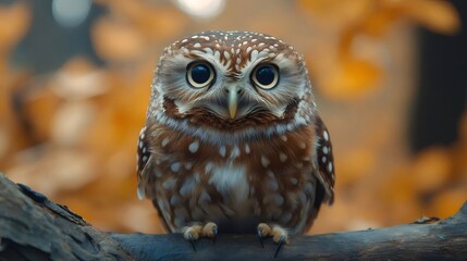 枝に止まるフクロウのクローズアップ 秋の背景に茶色い羽と大きな目