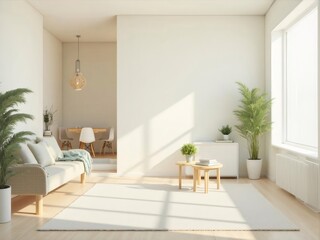 白い壁のシンプルなリビングルーム 自然光と木製の家具を備えたモダンな空間