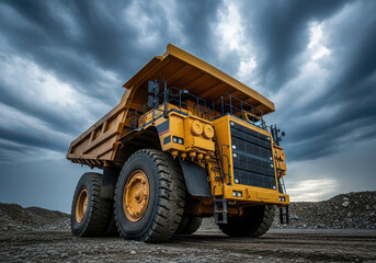 Obraz premium Massive yellow mining truck under dramatic stormy sky