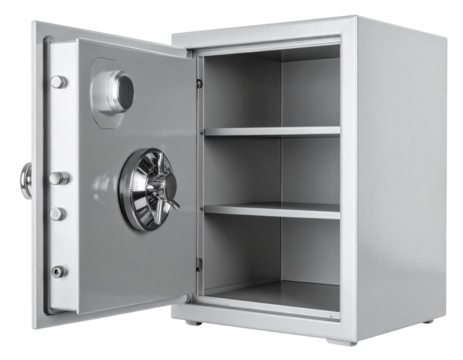Front-Open Silver Steel Safe with Exposed Shelves, isolated on transparent background
