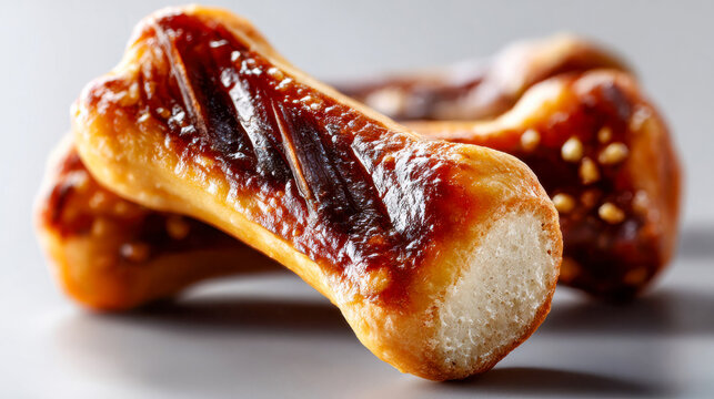 Single brown bone-shaped dog biscuit sprinkled with coarse salt