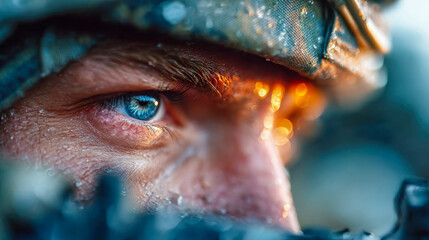 Soldier aiming rifle while lying on the ground, intense close-up of blue eyes