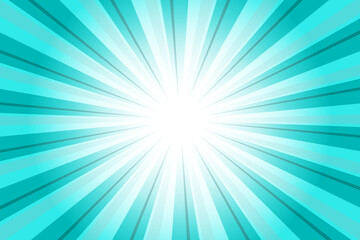 Dark Cyan Blue Background with Sun Ray. Abstract Texture with Light of Sunburst. Radial Beam of Sunlight. Retro Background with Flash. Abstract Blue Sunburst Vector Illustration. © Daisey