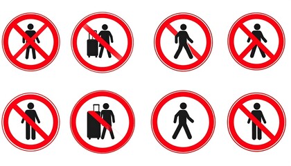 A set of prohibition signs, featuring various figures, including walking people and people with luggage, displayed within red circles with a diagonal red bar across them, against a white background.