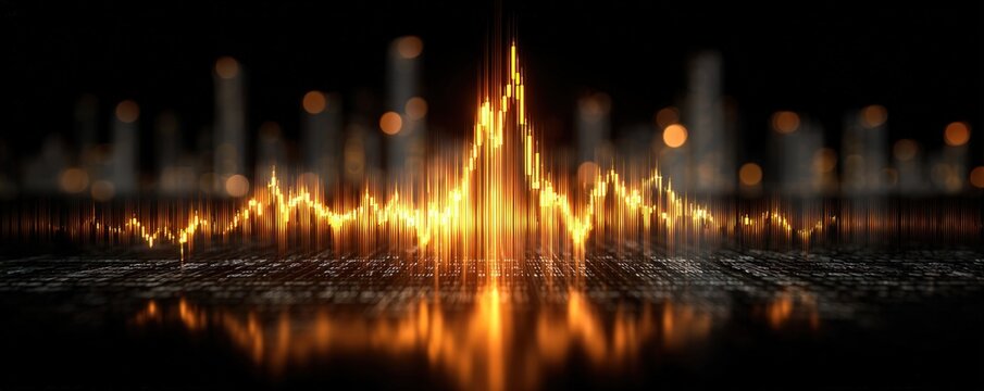 A dynamic, golden visualization of sound waves or data, set against a blurred, dark background with hints of illuminated forms
