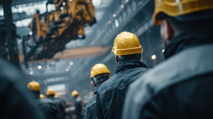 Fototapeta premium Medium shot of workers wearing helmets focused on lifting gear inspection with the partially blurred crane arm creating an industrial atmosphere.
