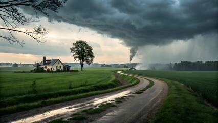 A Distant Tornado Forms Over a Rural Landscape with a Winding Road