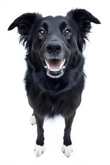 黒い犬の正面ポートレート 幸せそうな表情 白い背景に 笑顔のイヌ