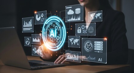 Woman using laptop with artificial intelligence interface and data visualization