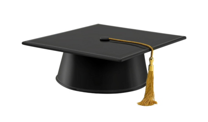 A black graduation cap with a golden tassel on a white background, isolated with no shadow, in a transparent or cutout PNG format.