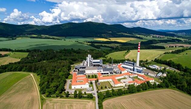 High-angle view of a complex industrial facility nestled within a landscape of rolling hills and green fields, showcasing a mix of buildings and infrastructure. - Powered by Adobe