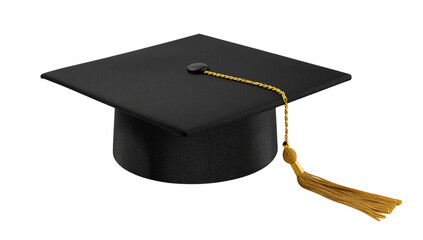 A black graduation cap with a golden tassel on a white background, isolated with no shadow, in a transparent or cutout PNG format.