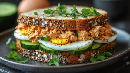 食パンサンドイッチ クローズアップ表示 新鮮な卵 キュウリ トマトを添えた おいしい料理