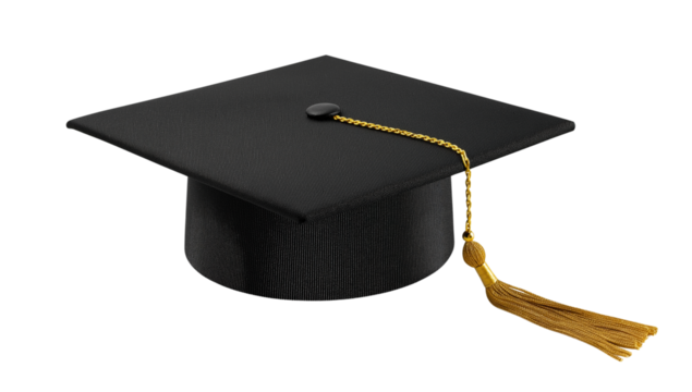 A black graduation cap with a golden tassel on a white background, isolated with no shadow, in a transparent or cutout PNG format.