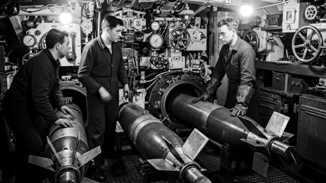 WWII Submarine Torpedo Loading - A black and white video depicting three crewmen aboard a World War II submarine meticulously preparing torpedoes for launch within the confined vessel's interior.