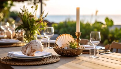 A beautifully set outdoor dining table by the seaside, featuring seashells, candles, and elegant tableware, bathed in warm sunlight.