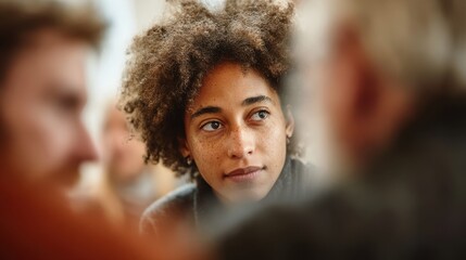 Focused medium shot showing attentive participant in an mpox stigma support circle their face clear amidst blurred group members fostering mental health awareness.