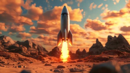 Fototapeta premium ロケット打ち上げ 夕焼け空 火炎と岩山 風景画 成功のイメージ